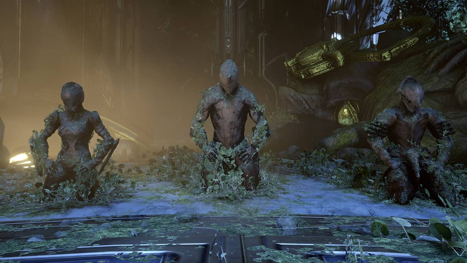 مجموعة من شخصيات Warframe في مشهد قتالي