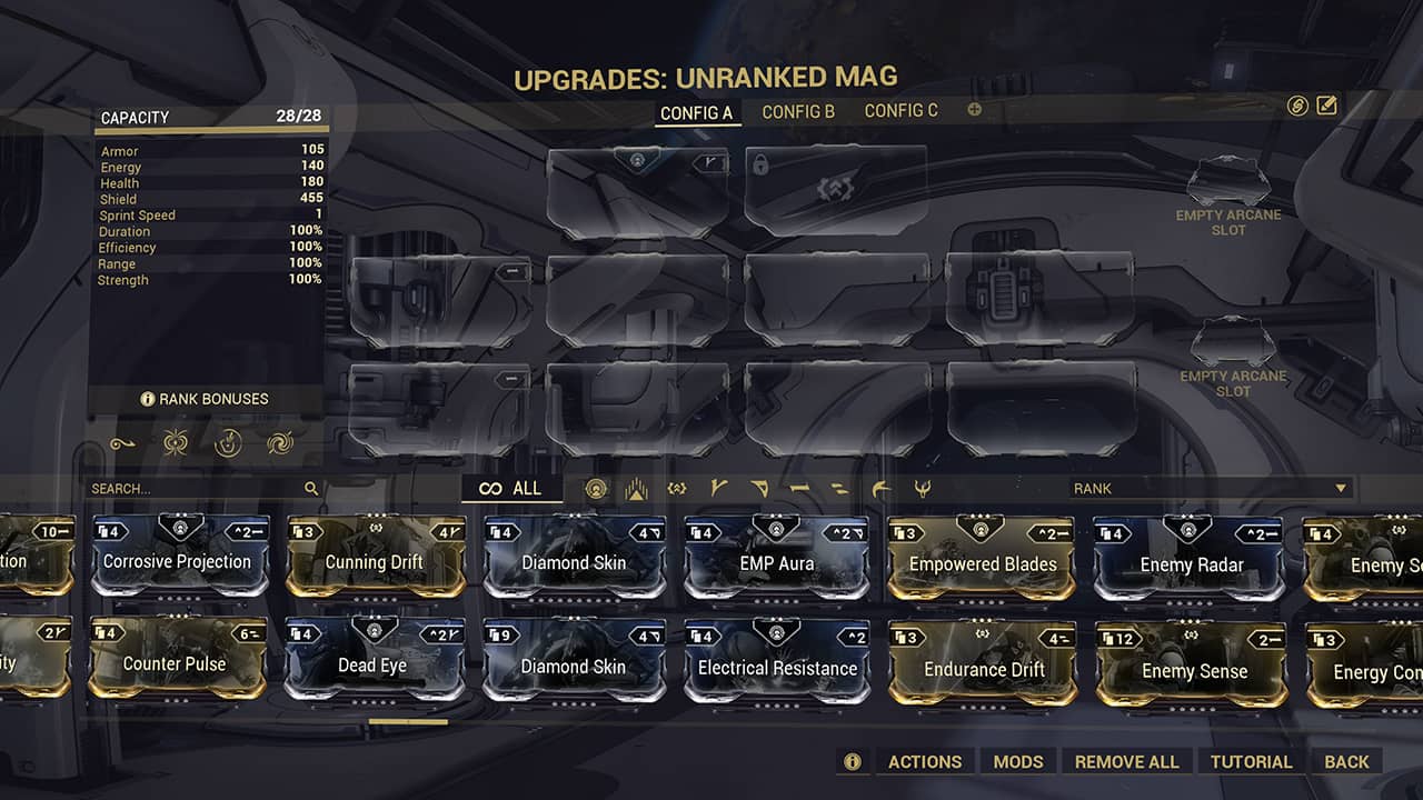 شاشة تركيب Mods لتطوير Warframe والأسلحة